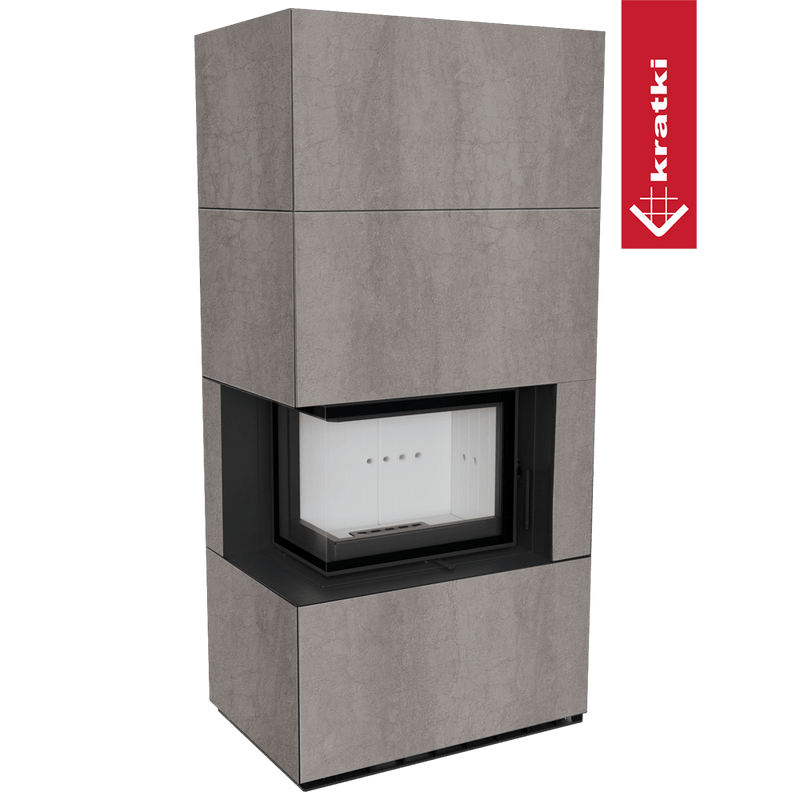 Kaminbausatz KRATKI FLOKI BOX links 8 kW Ø 160 Quarzsinter NATURALI PIETRA DI SAVOIA GRIGIA BOCCIARDATA