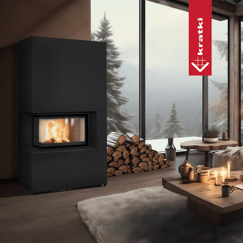 Kaminbausatz KRATKI FLOKI BOX links 8 kW Ø 160 Quarzsinter NERO ASSOLUTO