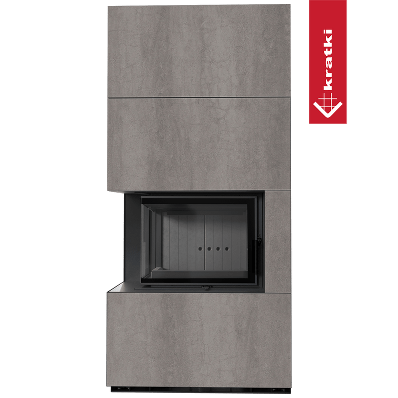 Kaminbausatz KRATKI FLOKI BOX links 8 kW Ø 160 Quarzsinter NATURALI PIETRA DI SAVOIA GRIGIA BOCCIARDATA schwarz Verkleidung