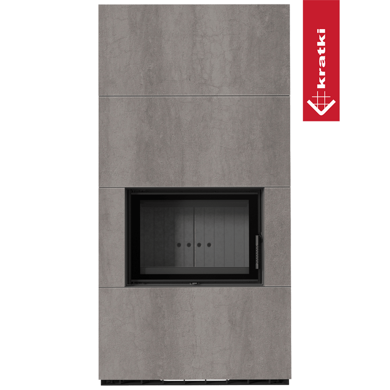 Kaminbausatz KRATKI FLOKI BOX 8 kW Ø 160 Quarzsinter NATURALI PIETRA DI SAVOIA GRIGIA BOCCIARDATA schwarz Verkleidung