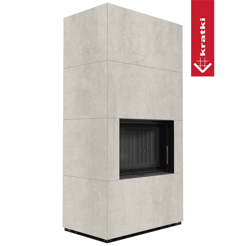 Kaminbausatz KRATKI FLOKI BOX 8 kW Ø 160 Quarzsinter NATURALI PIETRA DI SAVOIA PERLA BOCCIARDATA schwarz Verkleidung