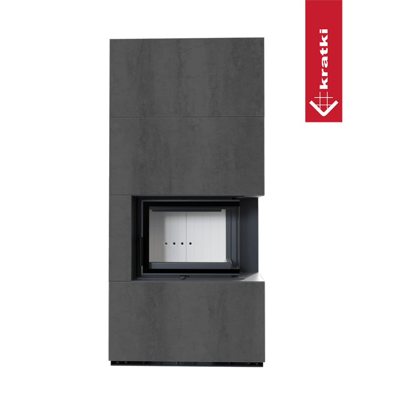 Kaminbausatz KRATKI FLOKI BOX rechts 8 kW Ø 160 Quarzsinter NATURALI PIETRA DI SAVOIA ANTRANCITE BOCCIARDATA