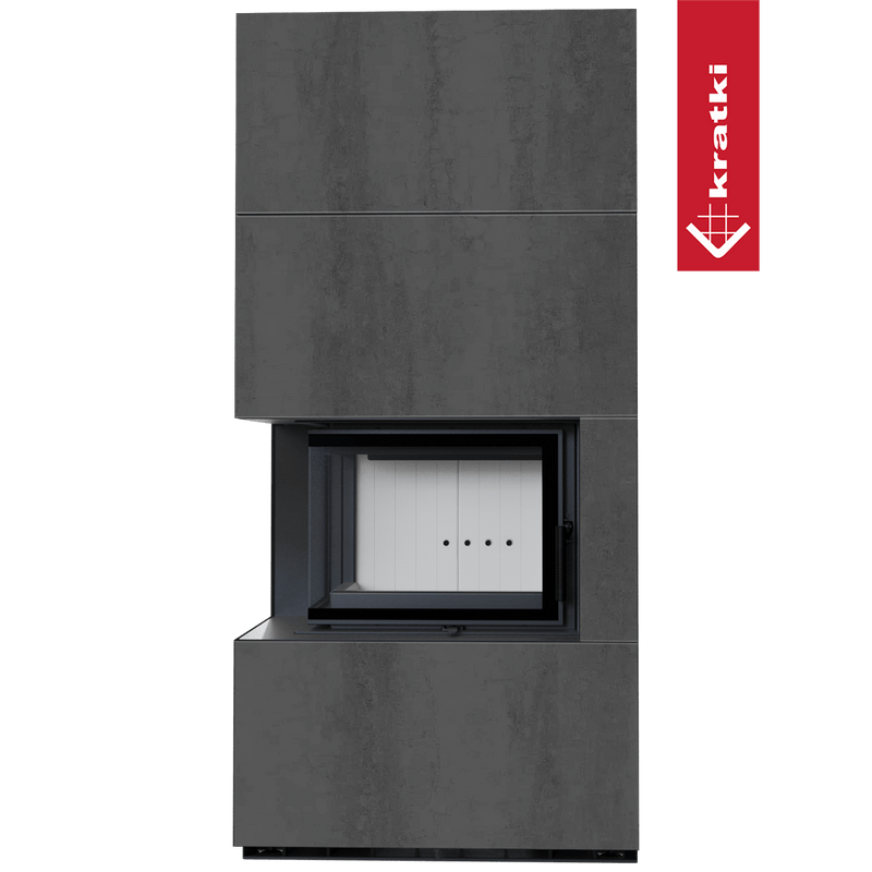 Kaminbausatz KRATKI FLOKI BOX links 8 kW Ø 160 Quarzsinter NATURALI PIETRA DI SAVOIA ANTRANCITE BOCCIARDATA