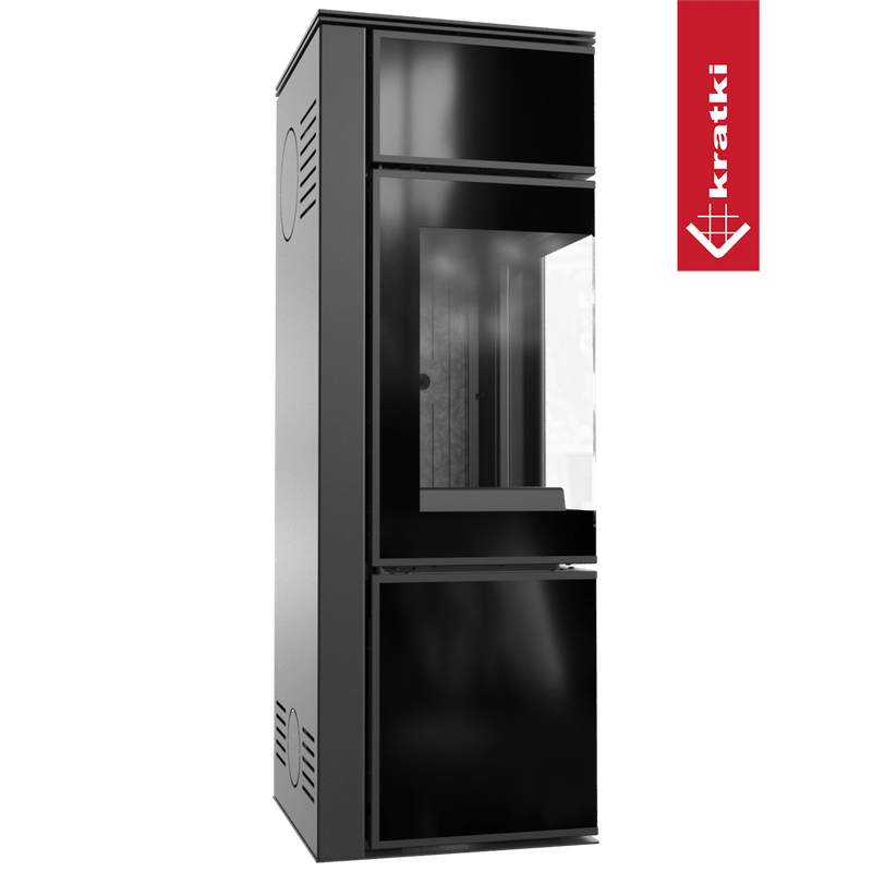 Kaminofen aus Stahl KRATKI TORA/S 8 kW Ø 150 Schwarzes Glaspaneel schwarz Verkleidung mit Türfeder