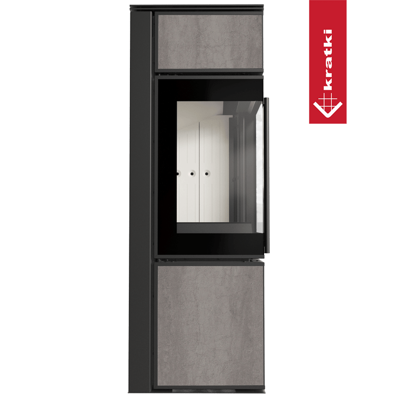 Kaminofen aus Stahl KRATKI TORA/S 8 kW Ø 150 Quarzsinter NATURALI PIETRA DI SAVOIA GRIGIA BOCCIARDATA