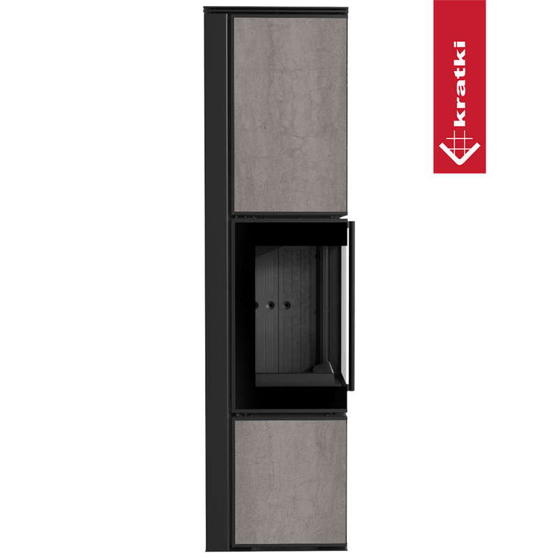 Kaminofen aus Stahl KRATKI TORA/L 8 kW Ø 150 Quarzsinter NATURALI PIETRA DI SAVOIA GRIGIA BOCCIARDATA schwarz Verkleidung