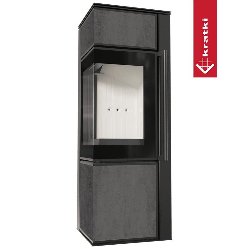 Kaminofen aus Stahl TORA/S 8 kW Ø 150 Quarzsinter NATURALI PIETRA DI SAVOIA ANTRANCITE BOCCIARDATA
