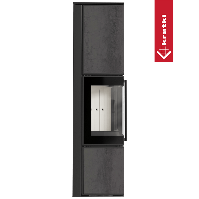 Kaminofen aus Stahl KRATKI TORA/L 8 kW Ø 150 Quarzsinter NATURALI PIETRA DI SAVOIA ANTRANCITE BOCCIARDATA mit Türfeder