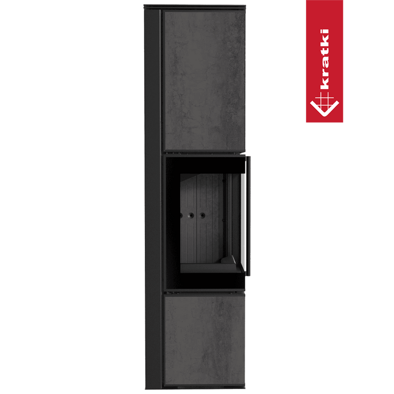 Kaminofen aus Stahl KRATKI TORA/L 8 kW Ø 150 Quarzsinter NATURALI PIETRA DI SAVOIA ANTRANCITE BOCCIARDATA schwarz Verkleidung