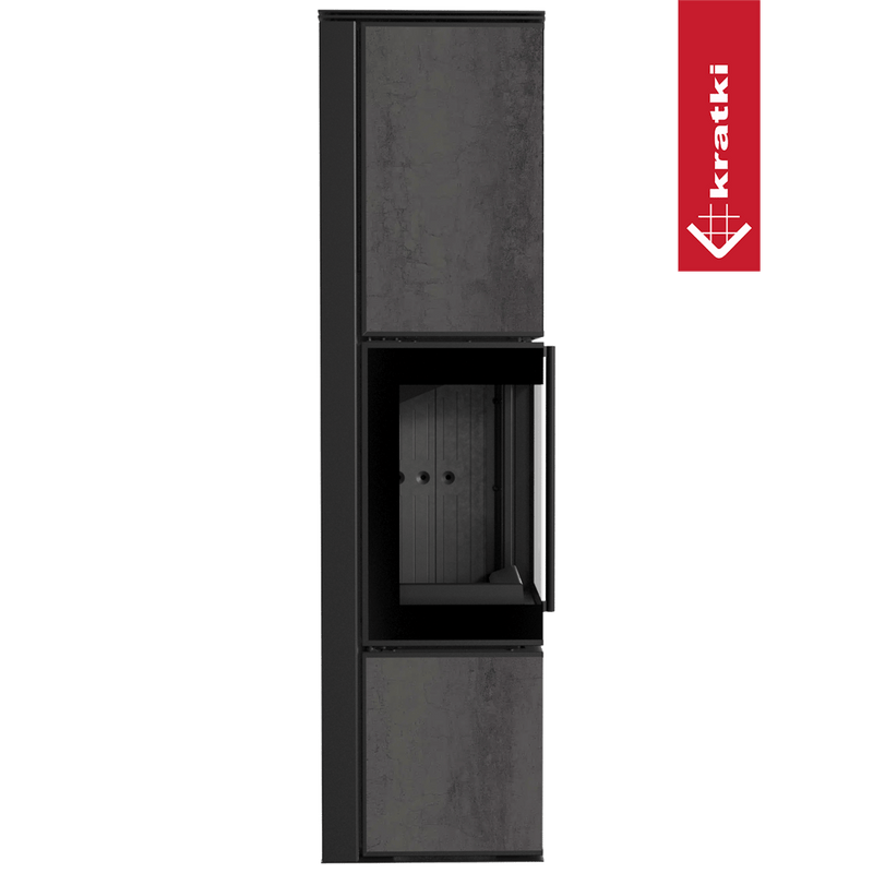 Kaminofen aus Stahl KRATKI TORA/L 8 kW Ø 150 Quarzsinter NATURALI PIETRA DI SAVOIA ANTRANCITE BOCCIARDATA schwarz Verkleidung mit Türfeder