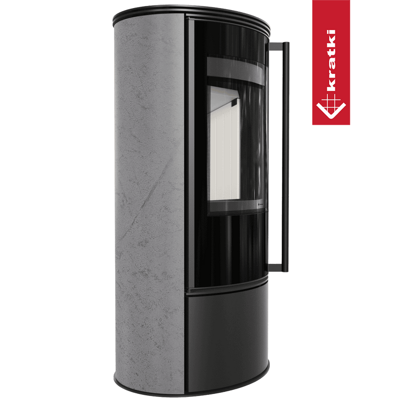 Kaminofen aus Stahl KRATKI ERIK Ø 150 5,5 kW dekorative Keramiken GRAY SATIN mit Türfeder