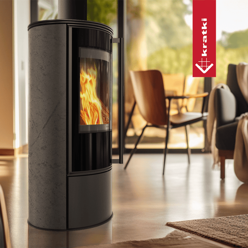Kaminofen aus Stahl KRATKI ERIK Ø 150 5,5 kW dekorative Keramiken GRAFITE SATIN schwarz Verkleidung mit Türfeder