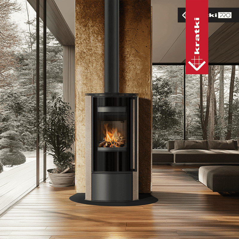 Kaminofen aus Stahl KRATKI ERIK Ø 150 5,5 kW dekorative Keramiken GOLD SATIN schwarz Verkleidung