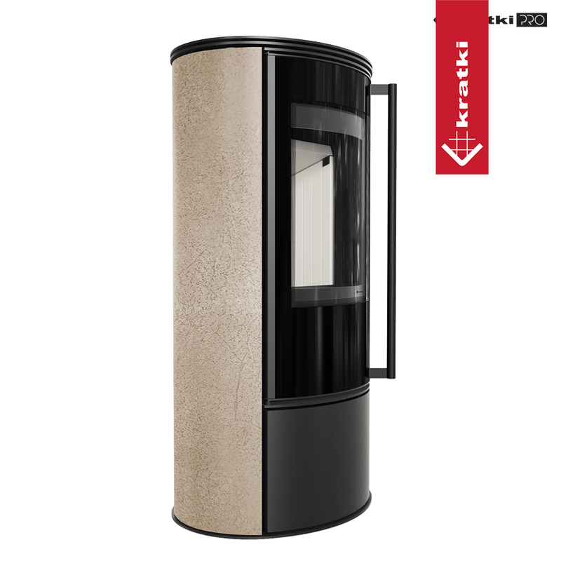 Kaminofen aus Stahl KRATKI ERIK Ø 150 5,5 kW dekorative Keramiken GOLD SATIN mit Türfeder