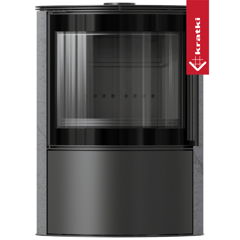 BJORN Ø 150 7 kW freistehender Stahlofen, dekorative GRAY SATIN-Speicherkeramik, Stahlabdeckung; schwarzes Thermotec; mit Verschlussmechanismus