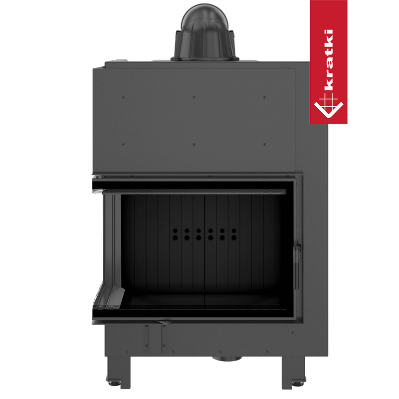 Kamineinsatz aus Stahl KRATKI MBA links 17 kW Ø 200 gebogenes Glas schwarz Verkleidung