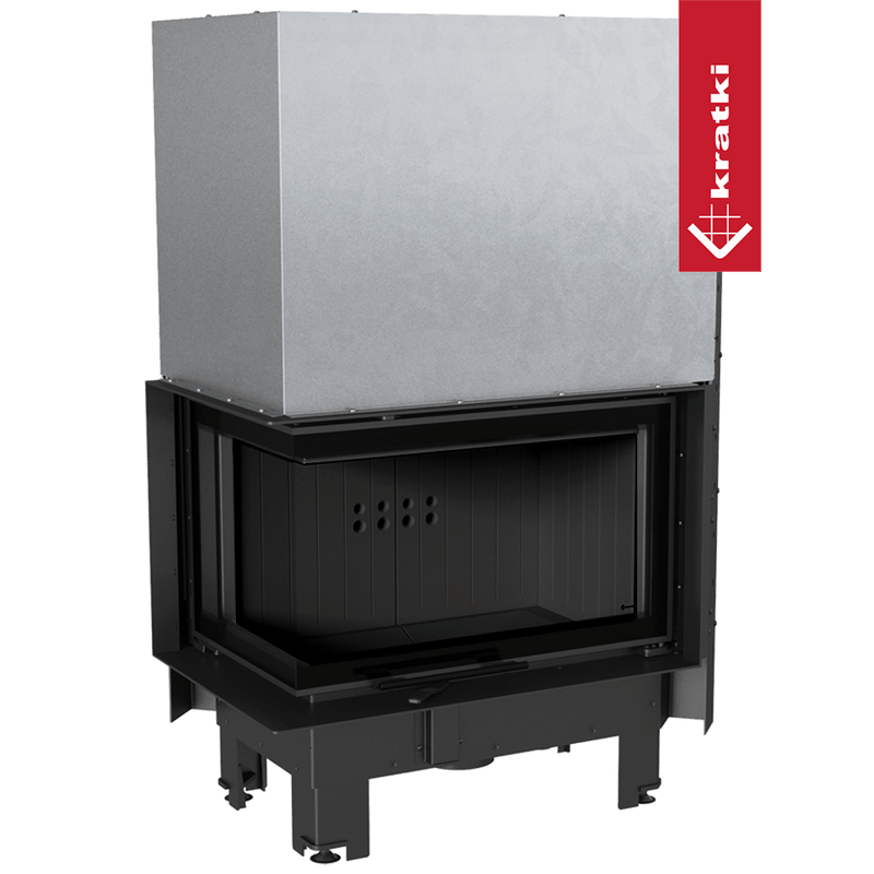Kamineinsatz KRATKI MBM links 10 kW Ø 200 mit Schiebetür gebogenes Glas schwarz Verkleidung