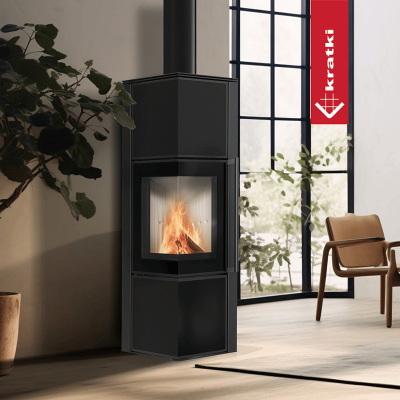 Kaminofen aus Stahl KRATKI TORA/M 8 kW Ø 150 Quarzsinter Nero Assoluto mit Türfeder