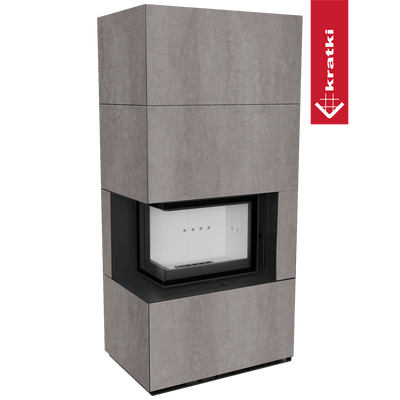 Kaminbausatz KRATKI FLOKI BOX links 8 kW Ø 160 Quarzsinter NATURALI PIETRA DI SAVOIA GRIGIA BOCCIARDATA