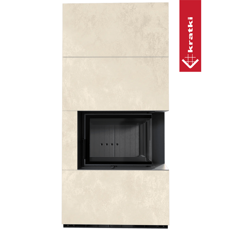 Kaminbausatz KRATKI FLOKI BOX rechts 8 kW Ø 160 Quarzsinter OXIDE BIANCO schwarz Verkleidung