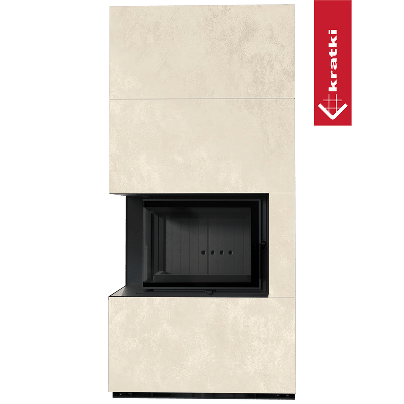 Kaminbausatz KRATKI FLOKI BOX links 8 kW Ø 160 Quarzsinter OXIDE BIANCO schwarz Verkleidung