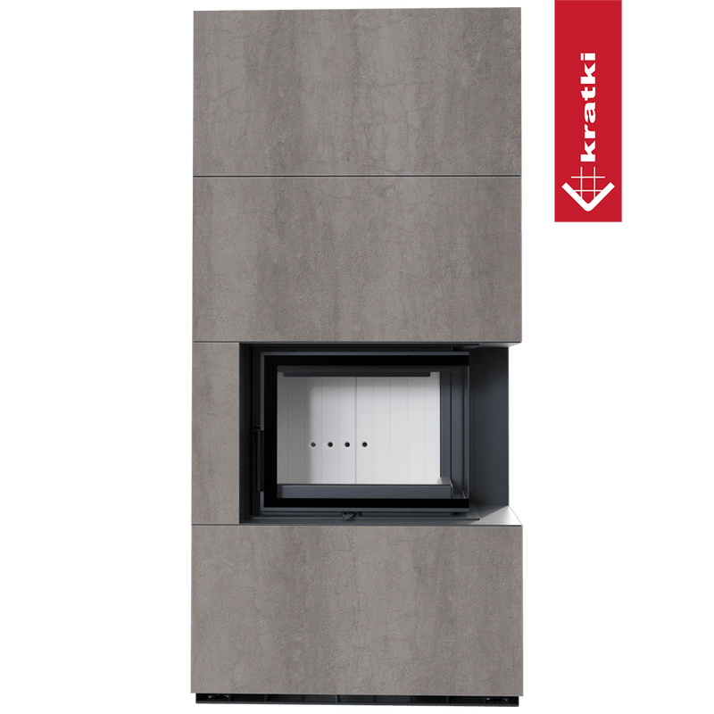 Kaminbausatz KRATKI FLOKI BOX rechts 8 kW Ø 160 Quarzsinter NATURALI PIETRA DI SAVOIA GRIGIA BOCCIARDATA