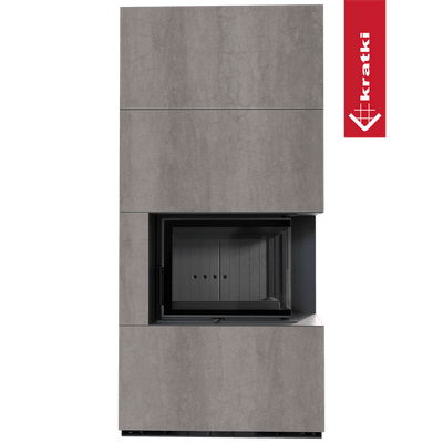 Kaminbausatz KRATKI FLOKI BOX rechts 8 kW Ø 160 Quarzsinter NATURALI PIETRA DI SAVOIA GRIGIA BOCCIARDATA schwarz Verkleidung