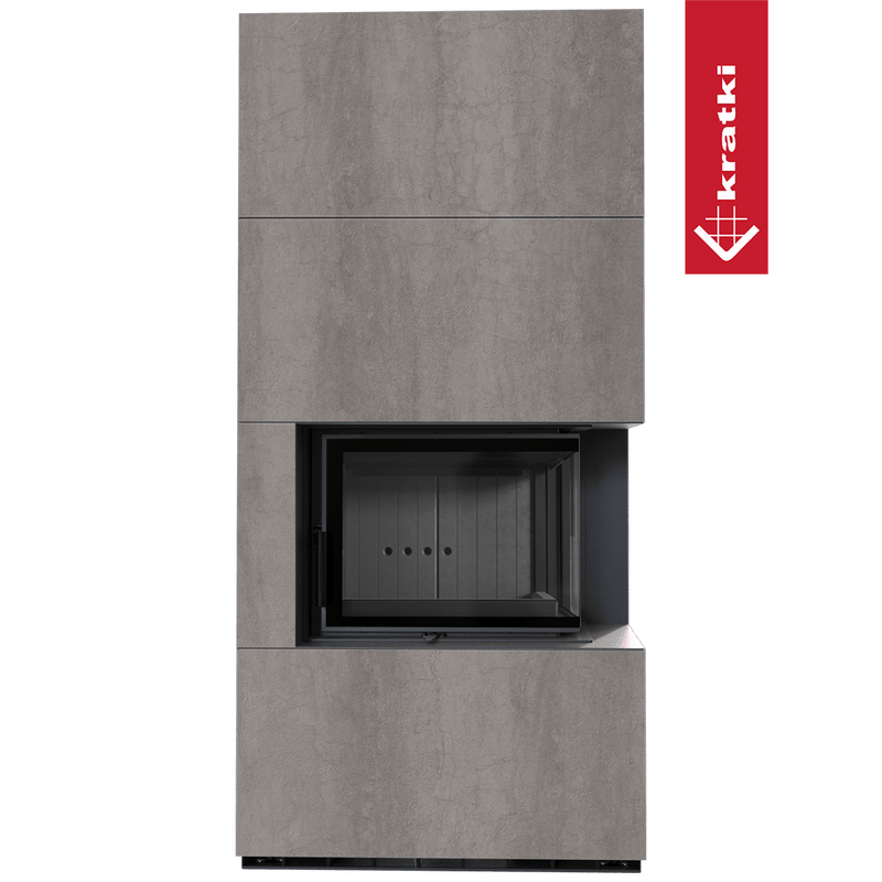Kaminbausatz KRATKI FLOKI BOX rechts 8 kW Ø 160 Quarzsinter NATURALI PIETRA DI SAVOIA GRIGIA BOCCIARDATA schwarz Verkleidung
