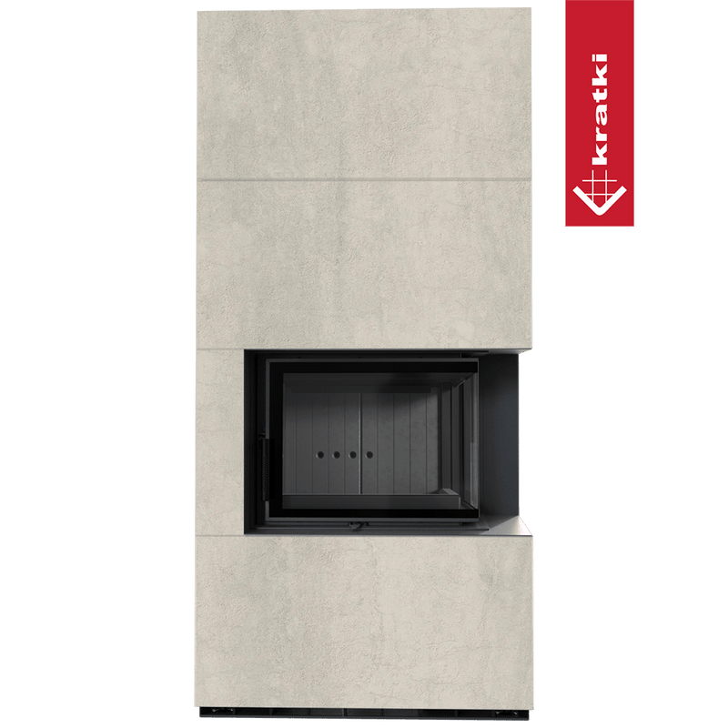Kaminbausatz KRATKI FLOKI BOX rechts 8 kW Ø 160 Quarzsinter NATURALI PIETRA DI SAVOIA PERLA BOCCIARDATA schwarz Verkleidung