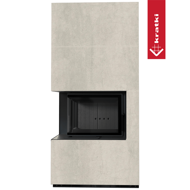 Kaminbausatz KRATKI FLOKI BOX links 8 kW Ø 160 Quarzsinter NATURALI PIETRA DI SAVOIA PERLA BOCCIARDATA schwarz Verkleidung