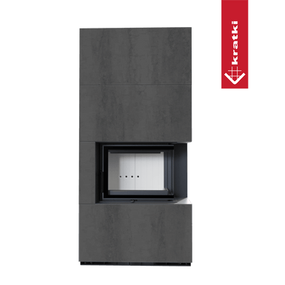 Kaminbausatz KRATKI FLOKI BOX rechts 8 kW Ø 160 Quarzsinter NATURALI PIETRA DI SAVOIA ANTRANCITE BOCCIARDATA