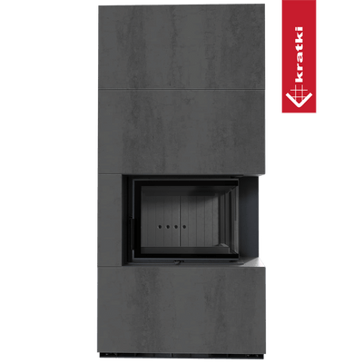 Kaminbausatz KRATKI FLOKI BOX rechts 8 kW Ø 160 Quarzsinter NATURALI PIETRA DI SAVOIA ANTRANCITE BOCCIARDATA schwarz Verkleidung