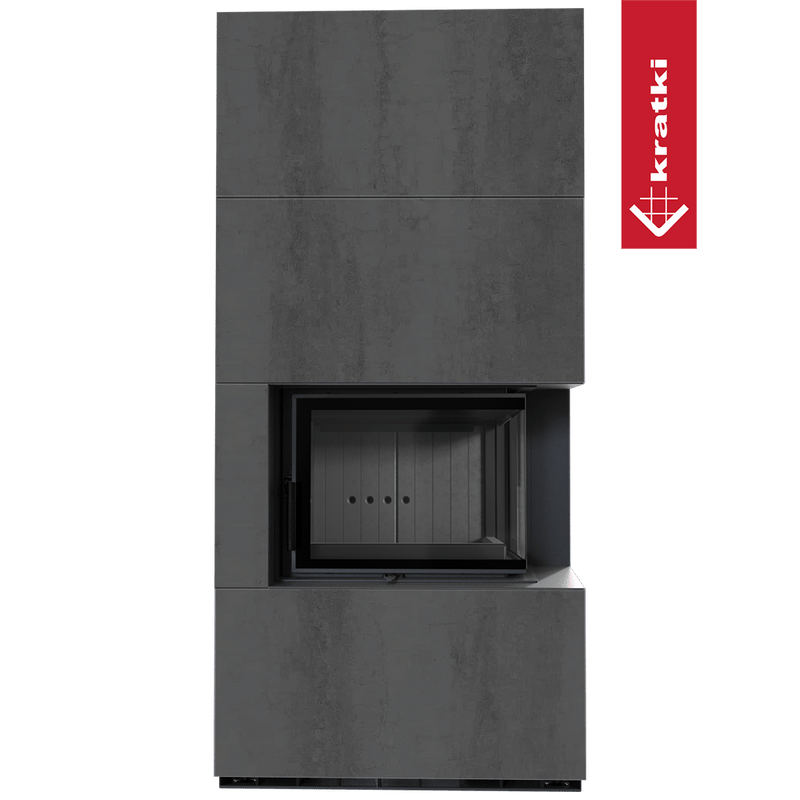Kaminbausatz KRATKI FLOKI BOX rechts 8 kW Ø 160 Quarzsinter NATURALI PIETRA DI SAVOIA ANTRANCITE BOCCIARDATA schwarz Verkleidung