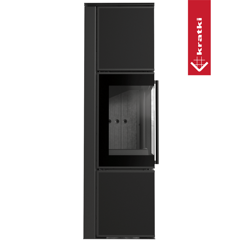 Kaminofen aus Stahl KRATKI TORA/M 8 kW Ø 150 Quarzsinter Nero Assoluto schwarz Verkleidung mit Türfeder