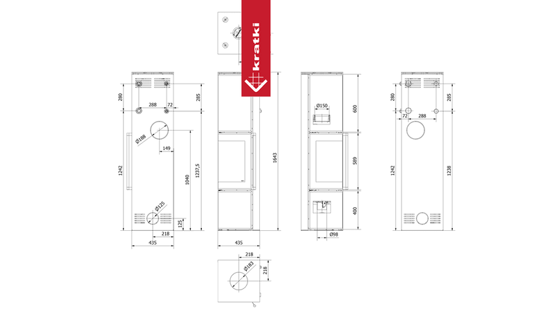 Kaminofen aus Stahl KRATKI TORA/L 8 kW Ø 150 Quarzsinter Nero Assoluto schwarz Verkleidung mit Türfeder