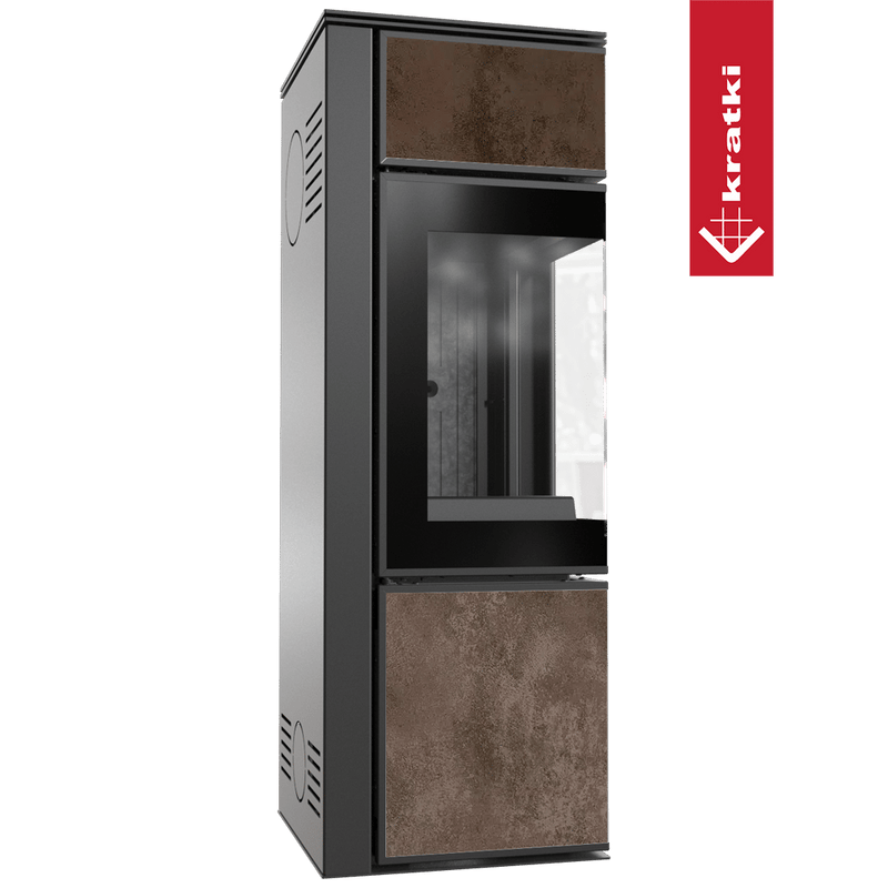 Kaminofen aus Stahl KRATKI TORA/S 8 kW Ø 150 Quarzsinter OXIDE MORO schwarz Verkleidung mit Türfeder