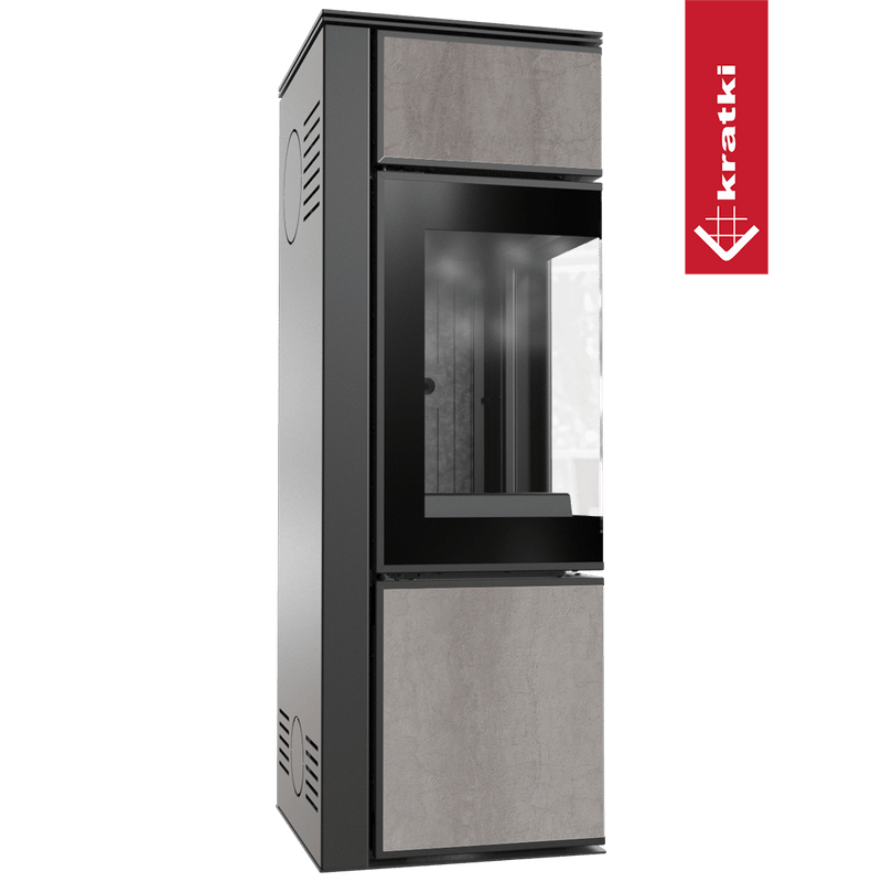 Kaminofen aus Stahl KRATKI TORA/S 8 kW Ø 150 Quarzsinter NATURALI PIETRA DI SAVOIA GRIGIA BOCCIARDATA schwarz Verkleidung