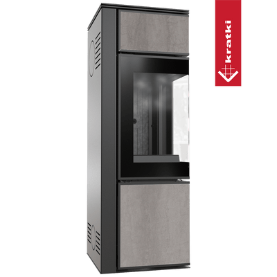 Kaminofen aus Stahl KRATKI TORA/S 8 kW Ø 150 Quarzsinter NATURALI PIETRA DI SAVOIA GRIGIA BOCCIARDATA schwarz Verkleidung mit Türfeder