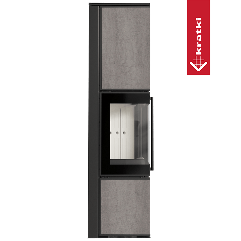 Kaminofen aus Stahl KRATKI TORA/L 8 kW Ø 150 Quarzsinter NATURALI PIETRA DI SAVOIA GRIGIA BOCCIARDATA