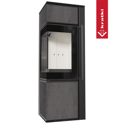 Kaminofen aus Stahl KRATKI TORA/S 8 kW Ø 150 Quarzsinter NATURALI PIETRA DI SAVOIA ANTRANCITE BOCCIARDATA mit Türfeder