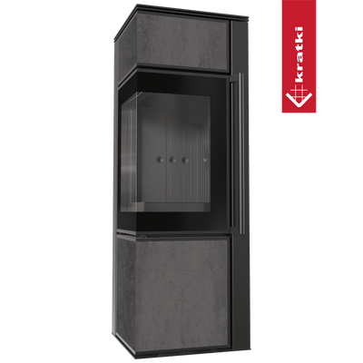 Kaminofen aus Stahl KRATKI TORA/S 8 kW Ø 150 Quarzsinter NATURALI PIETRA DI SAVOIA ANTRANCITE BOCCIARDATA schwarz Verkleidung mit Türfeder