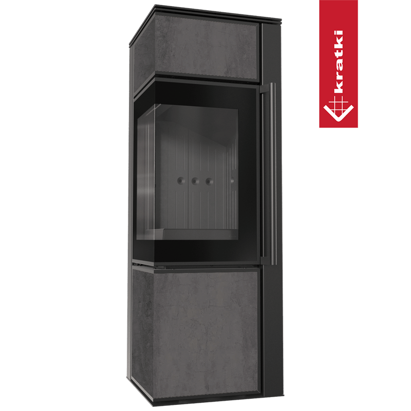 Kaminofen aus Stahl KRATKI TORA/S 8 kW Ø 150 Quarzsinter NATURALI PIETRA DI SAVOIA ANTRANCITE BOCCIARDATA schwarz Verkleidung mit Türfeder