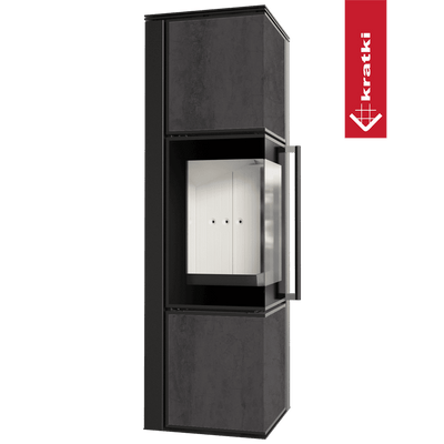 Kaminofen aus Stahl KRATKI TORA/M 8 kW Ø 150 Quarzsinter NATURALI PIETRA DI SAVOIA ANTRANCITE BOCCIARDATA
