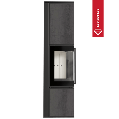 Kaminofen aus Stahl KRATKI TORA/L 8 kW Ø 150 Quarzsinter NATURALI PIETRA DI SAVOIA ANTRANCITE BOCCIARDATA mit Türfeder