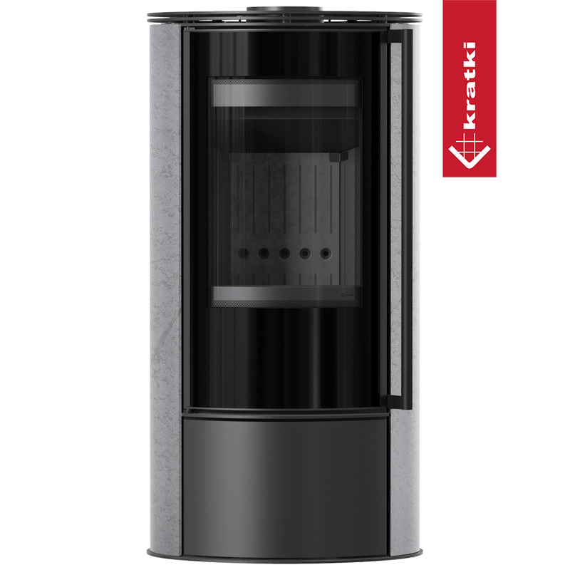 Kaminofen aus Stahl KRATKI ERIK Ø 150 5,5 kW dekorative Keramiken GRAY SATIN schwarz Verkleidung mit Türfeder