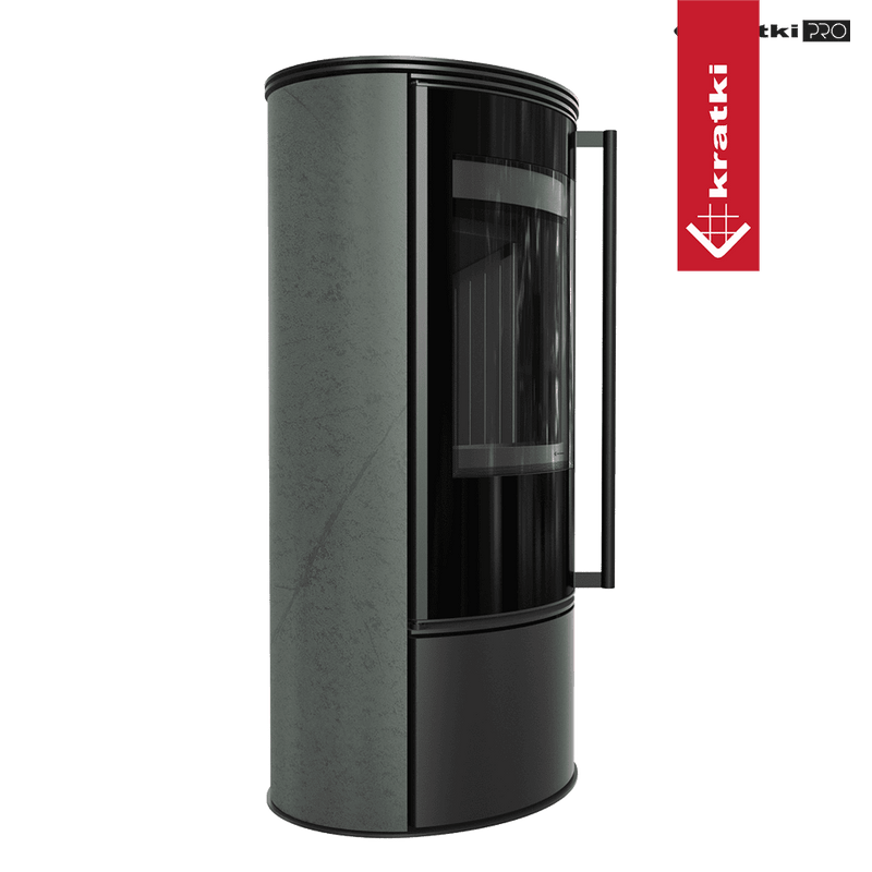 Kaminofen aus Stahl KRATKI ERIK Ø 150 5,5 kW dekorative Keramiken SERPENTINO schwarz Verkleidung mit Türfeder