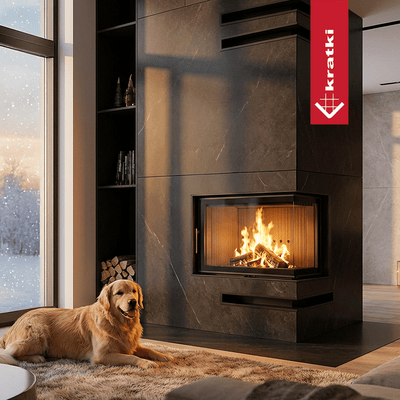 Kamineinsatz aus Stahl KRATKI LUCY rechts 12 kW Ø200 schwarz mit Türfeder