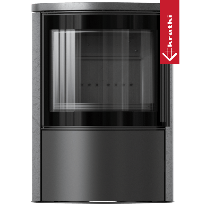 BJORN Ø 150 7 kW freistehender Stahlofen, dekorative GRAY SATIN-Speicherkeramik, Keramikabdeckung; schwarzes Thermotec