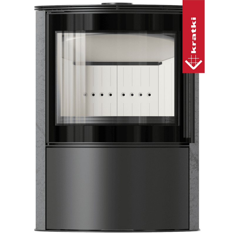 BJORN Ø 150 7 kW freistehender Stahlofen, dekorative GRAY SATIN-Speicherkeramik, Stahlabdeckung