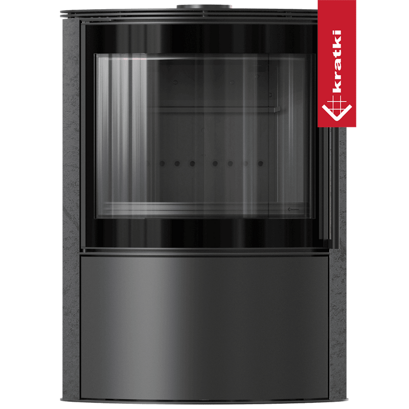BJORN Ø 150 7 kW freistehender Stahlofen, dekorative GRAFITE SATIN-Speicherkeramik, Stahlabdeckung; schwarzes Thermotec; mit Verschlussmechanismus